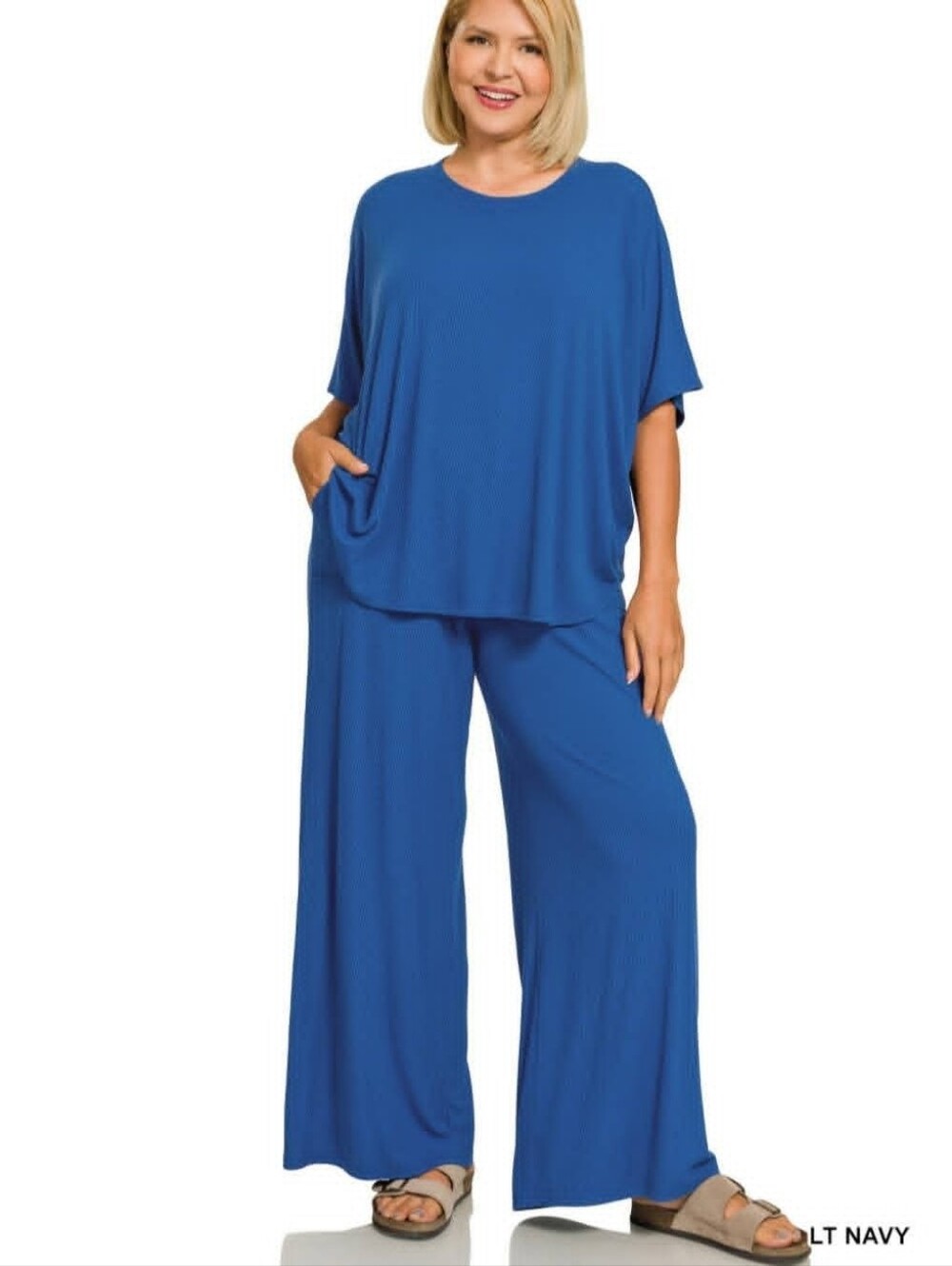 New Zenana 2 Piece Ribbed Rayon Light Navy Relaxed Fit Set